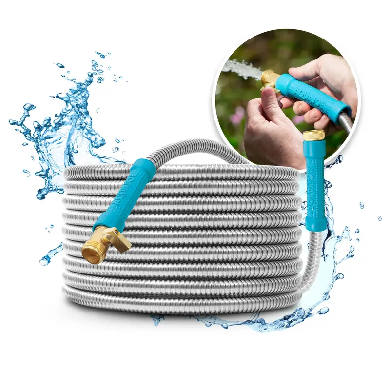 Aqua Joe 25-Foot Industrial-Grade Garden Hose – Reinforced Stainless Steel Core, Brass Fittings & Flow Control Valve 1