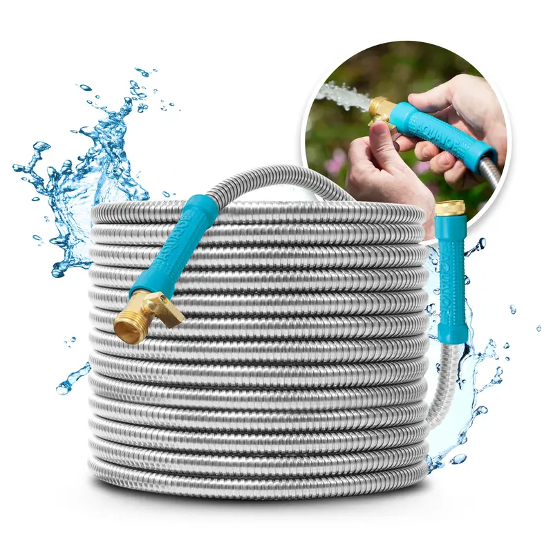 Aqua Joe 75-Foot Heavy-Duty Garden Hose – Puncture-Proof, Spiral Stainless Steel Reinforcement, Brass Fittings & On/Off Valve 1