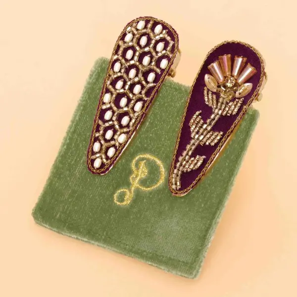 Damson Hexagonal And Floral Stem Hair Clips With Jewelled Accents 1