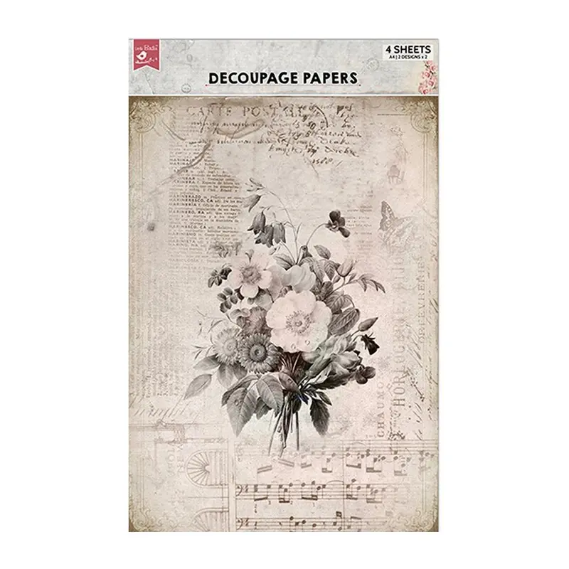 Melody Blooms Decoupage Paper Set – Four A4 Floral-Themed Craft Sheets 1
