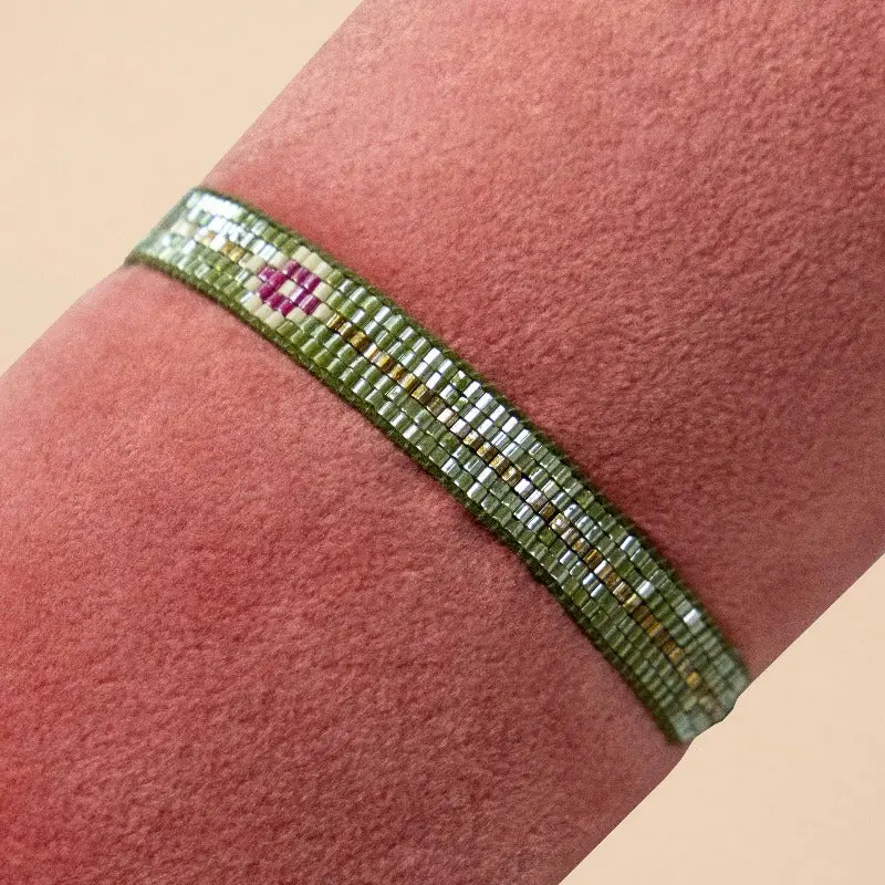 Olive Green And Gold Narrow Beaded Bracelet With Diamond Accents – Black Friday Deal 1