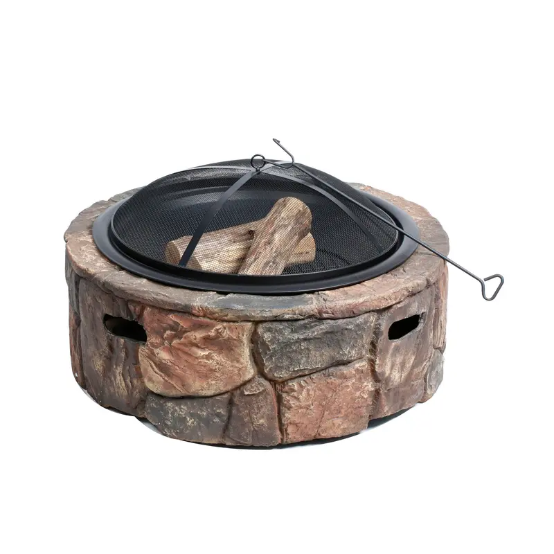 Sun Joe Large Stone Fire Pit – 35-Inch Cast Stone Base, Wood-Burning With Dome Screen & Poker 1