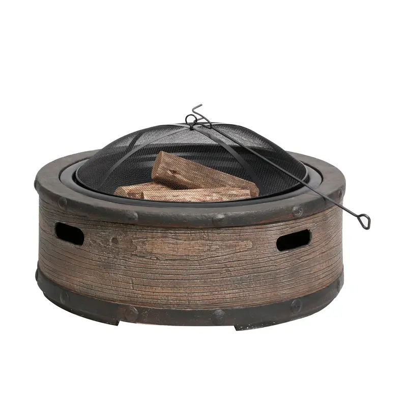 Sun Joe Rustic Barrel-Style Fire Pit – 35-Inch Cast Stone Base With Dome Screen & Poker 1