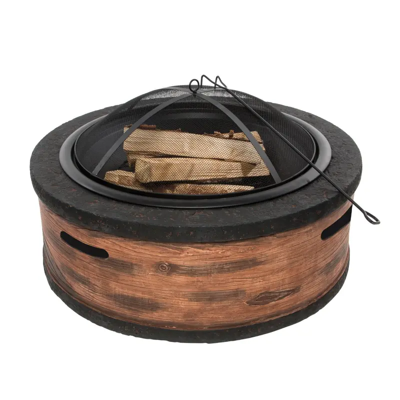 Sun Joe Sjfp35-Rw-Stn 35-Inch Rustic Wood-Finish Fire Pit With Cast Stone Base, Dome Screen & Poker 1